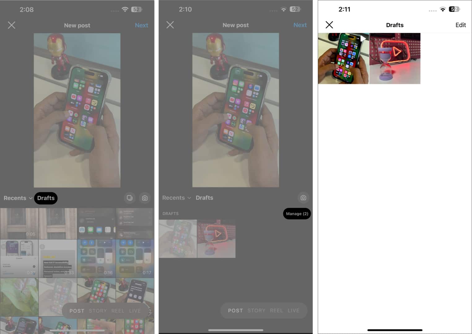 Tap drafts, manage, access all drafts in instagram