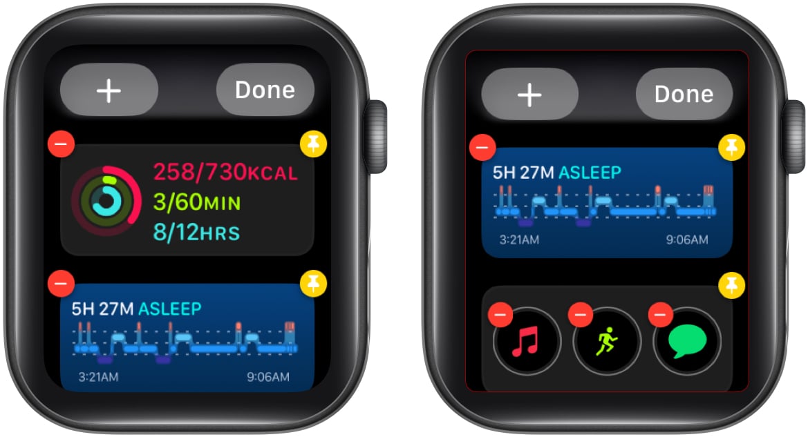 Tap the - icon to remove the widget in apple watch