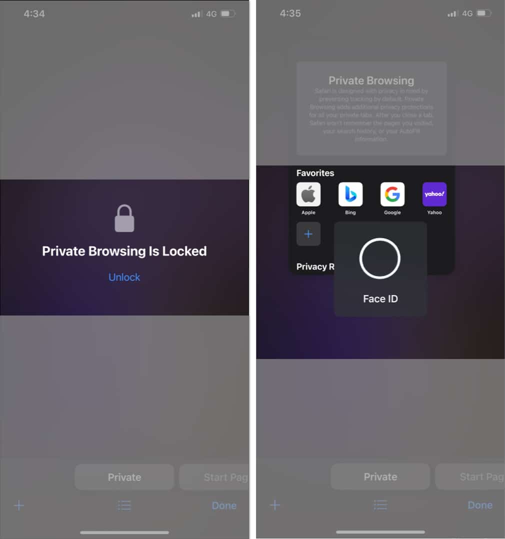 Visit Safari app, tap Unlock, and verify the Face ID