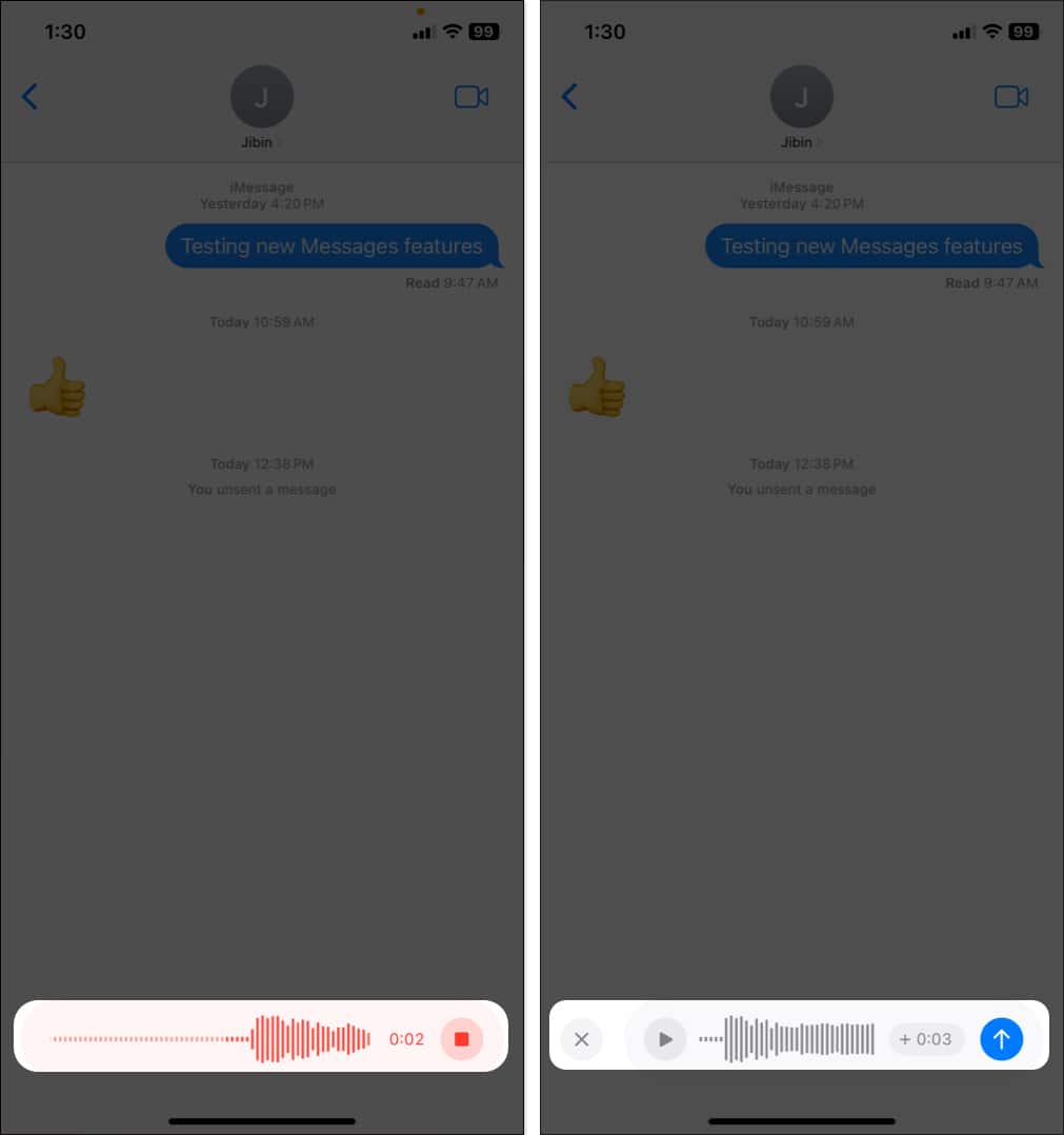record audio message, tap red circle to stop recording, tap blue arrow to send in iMessage