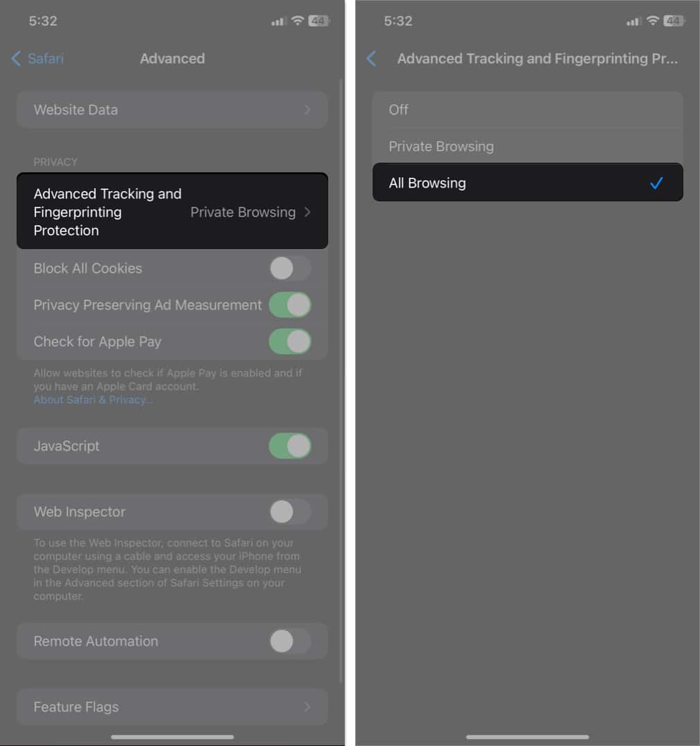 tap advanced tracking and fingerprinting protection, select all browsing in Settings