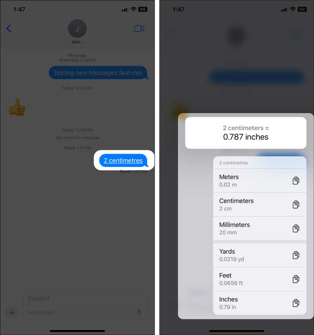tap and hold a text with measurement and see conversions in iMessage