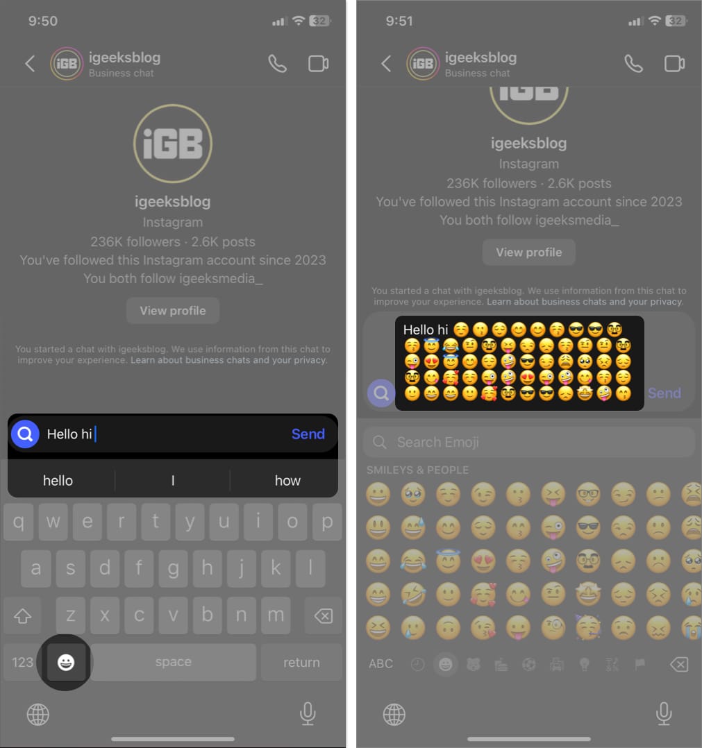 tap emoji icon, type emojis in keyboard