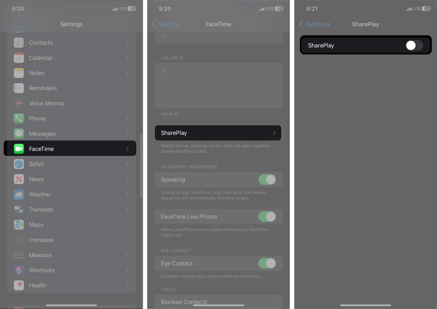 tap facetime, tap shareplay, toggle off shareplay in settings