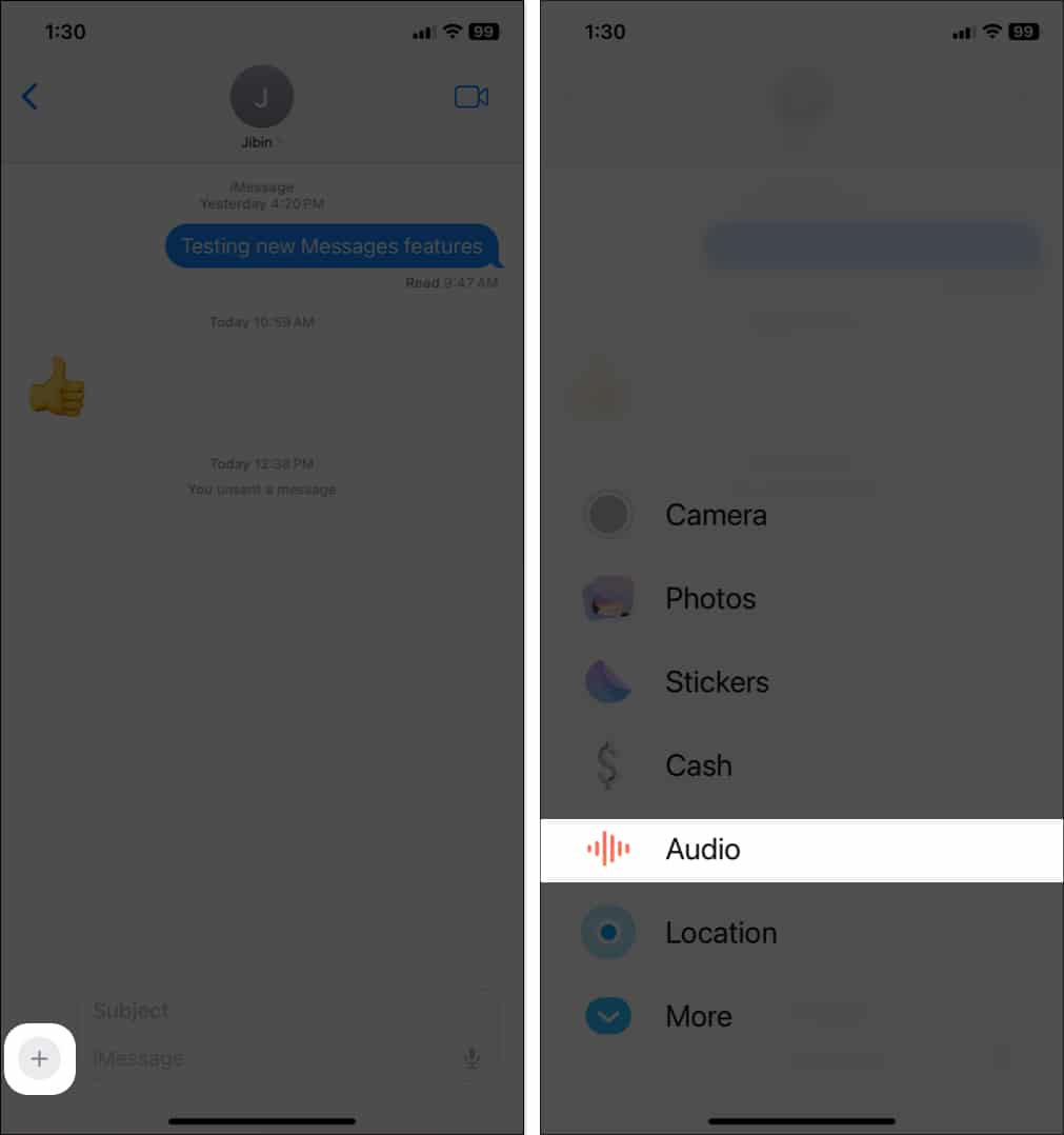tap plus sign and select Audio in iMessages