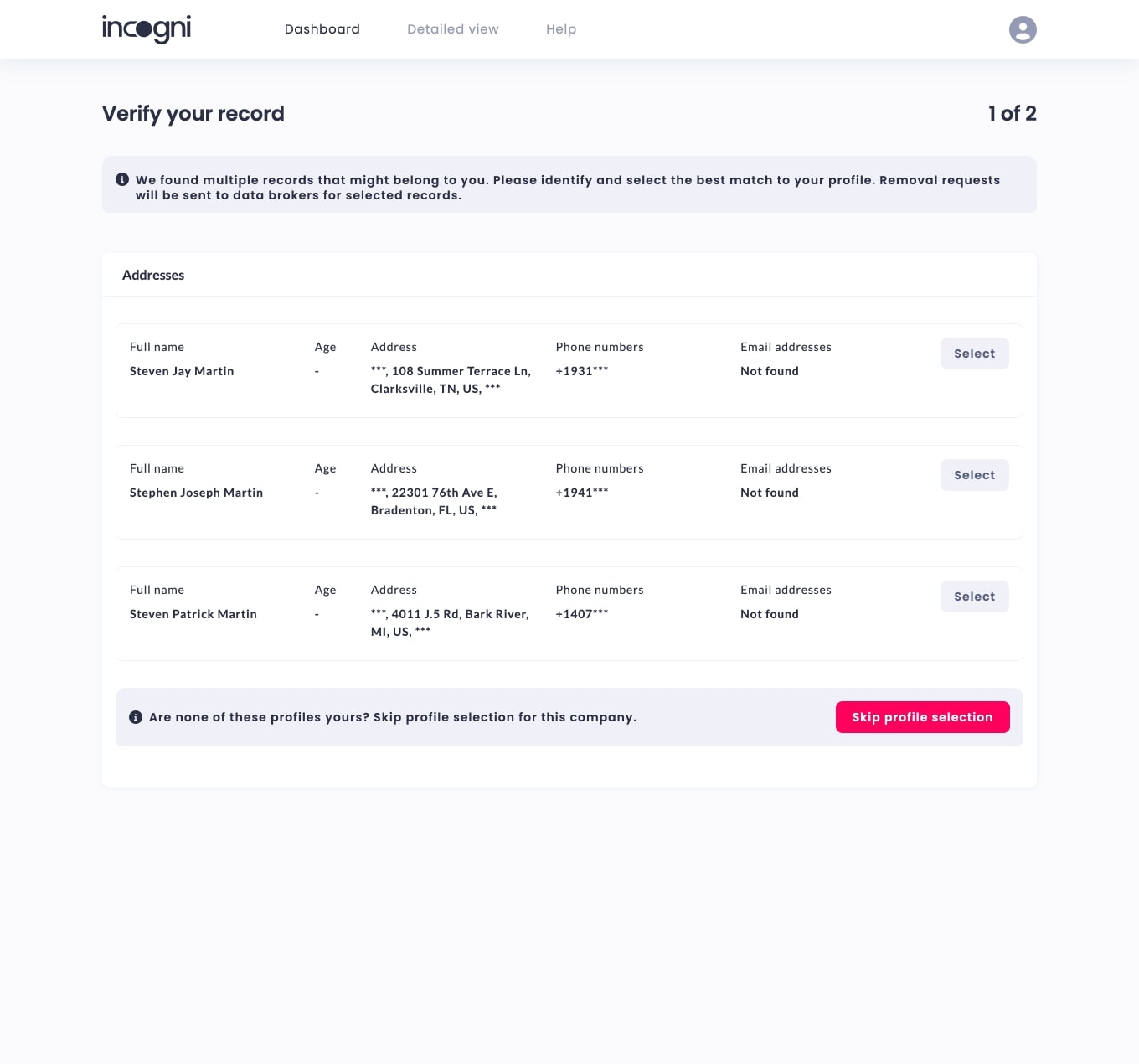 Incogni Profile Section