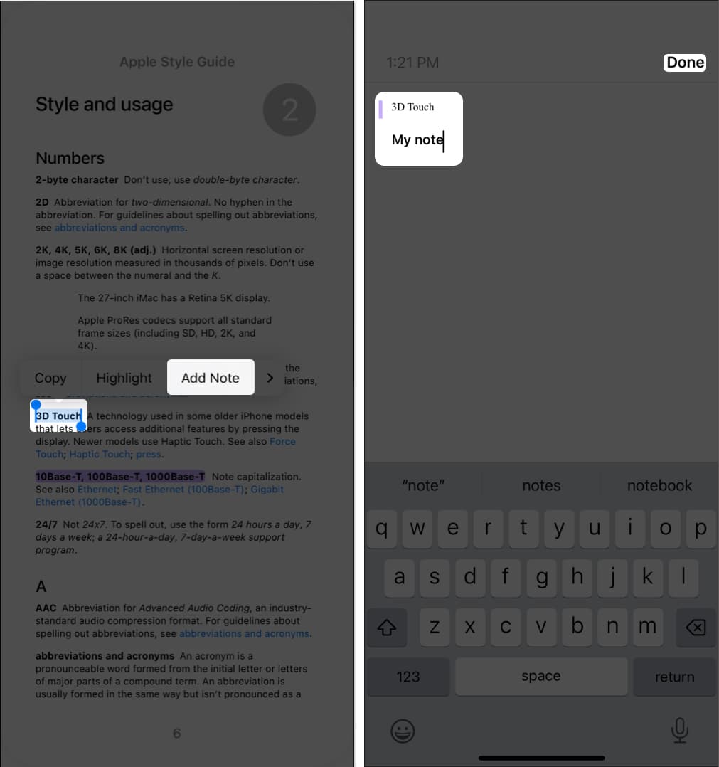Add text to my note in apple books