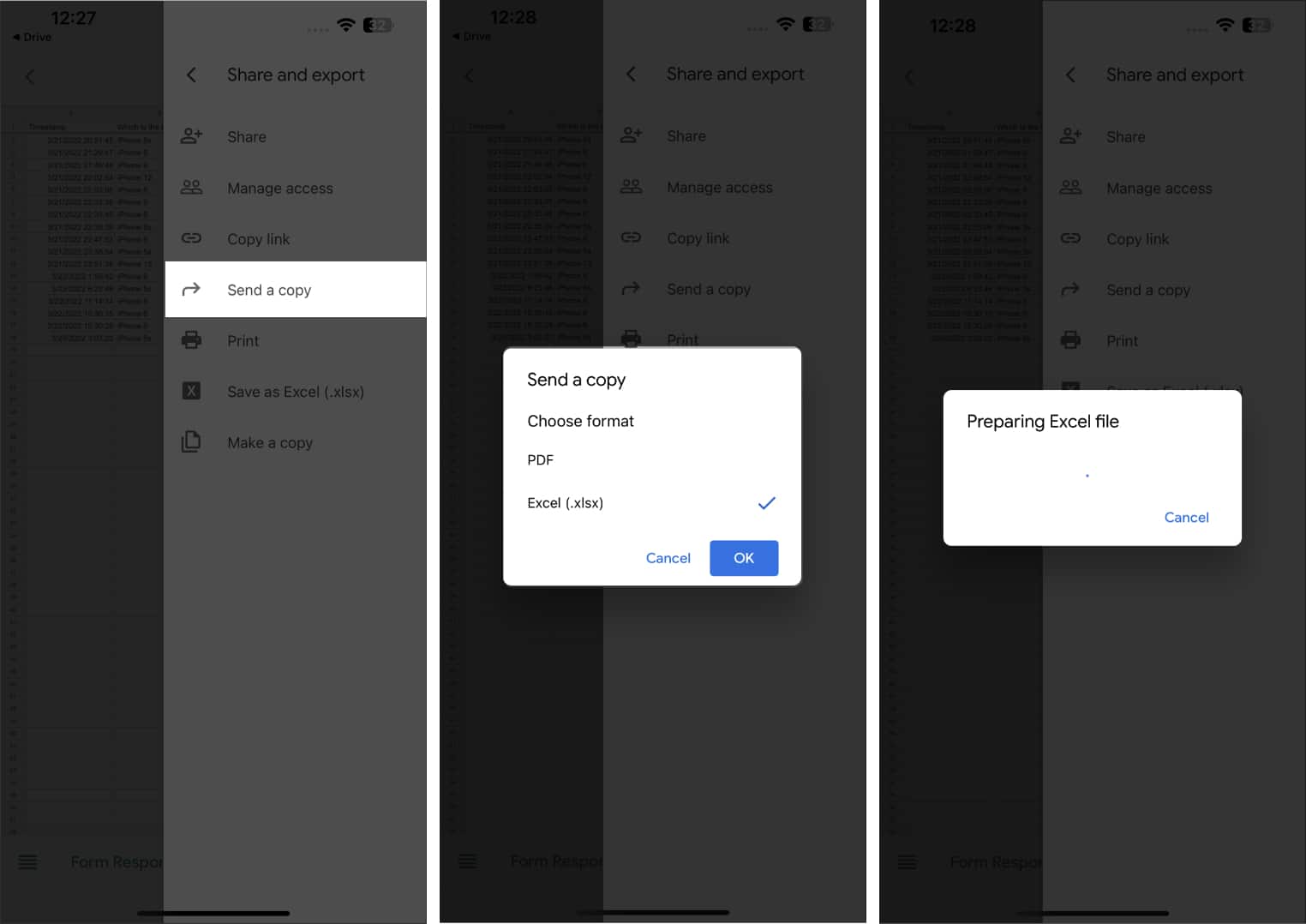 Choose the format of the document from Google Drive on iPhone