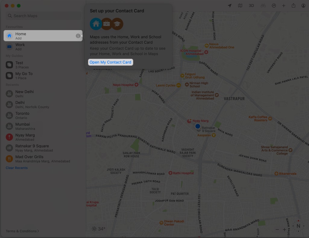 Click Home, select Open my Contact Card in Apple Maps