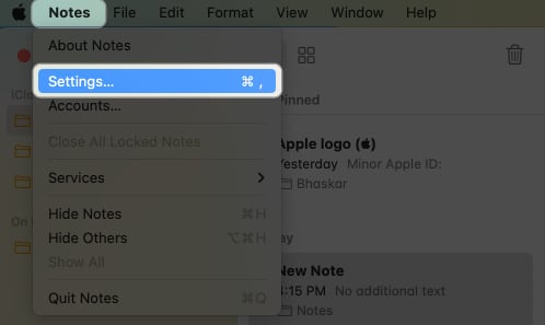 Click Notes in the menu bar and choose Settings from the dropdown