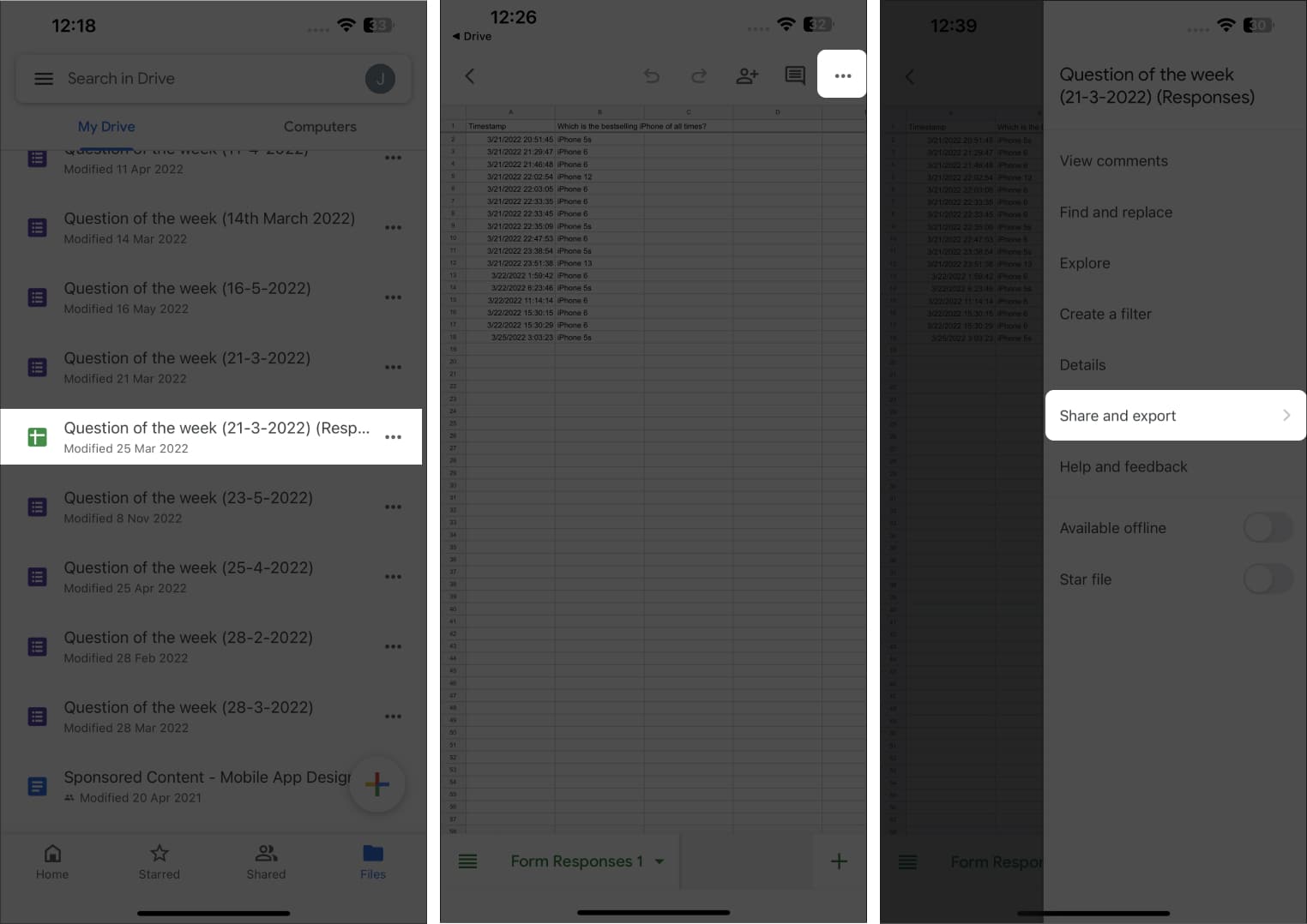Click share and export from google drive on iphone