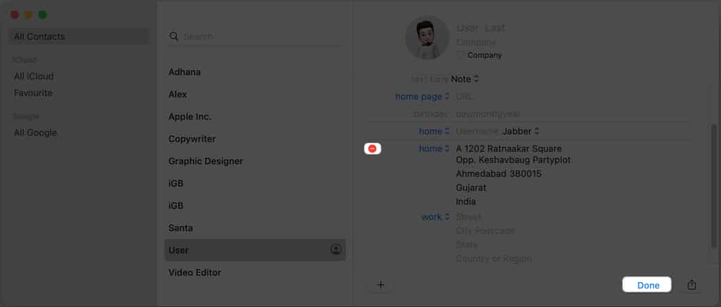 Click the - icon, Done in Contact Card