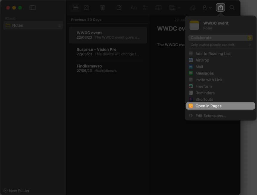 Click the share icon select open in Pages