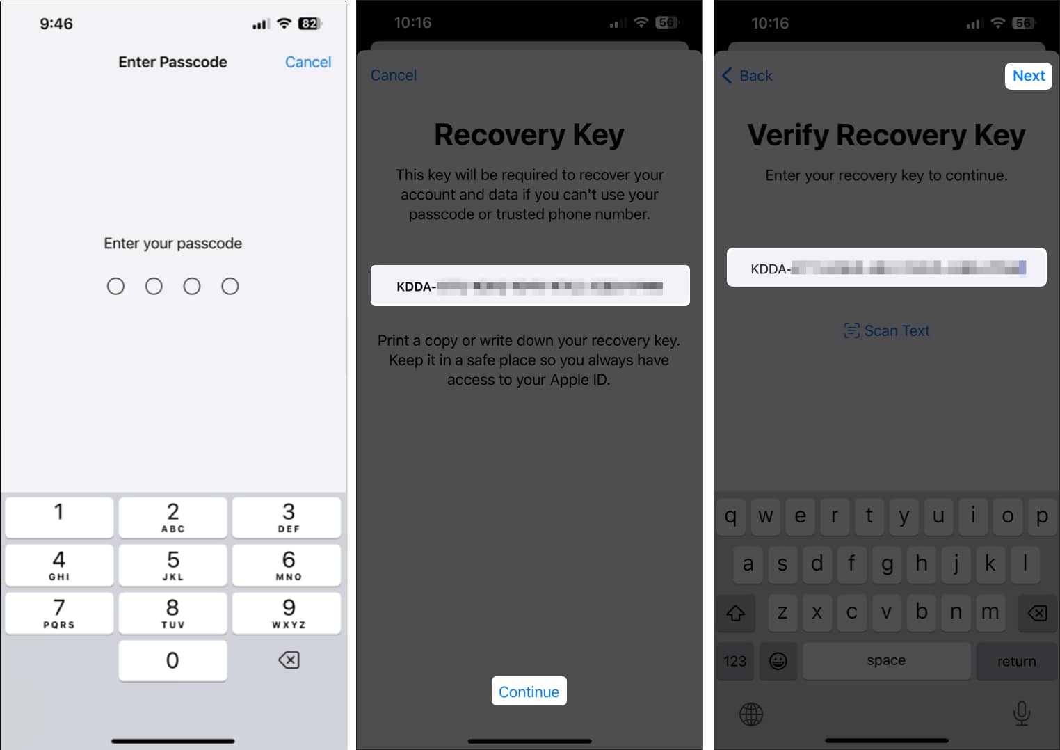 Enter Passcode and Verify Recovery Key