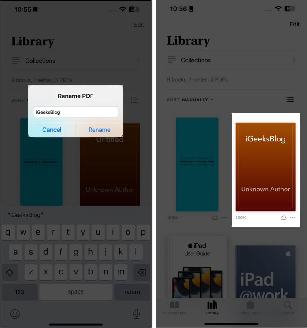 Enter a prompt and tap rename in the books app