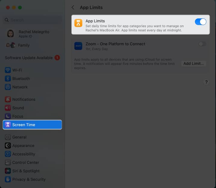 Go to App Limits on Mac