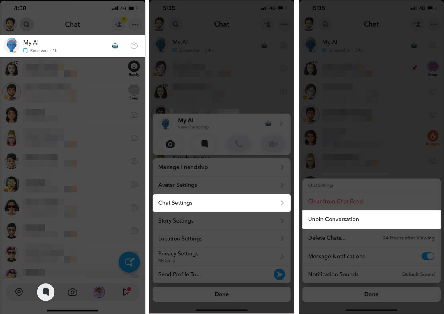 Head to the chat section press and hold the My AI bot's chat, tap Chat Settings, and select Unpin Conversation