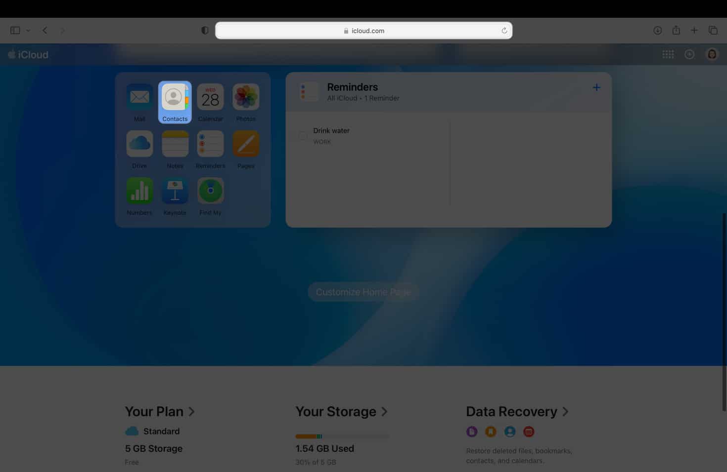 Open contacts tab on iCloud