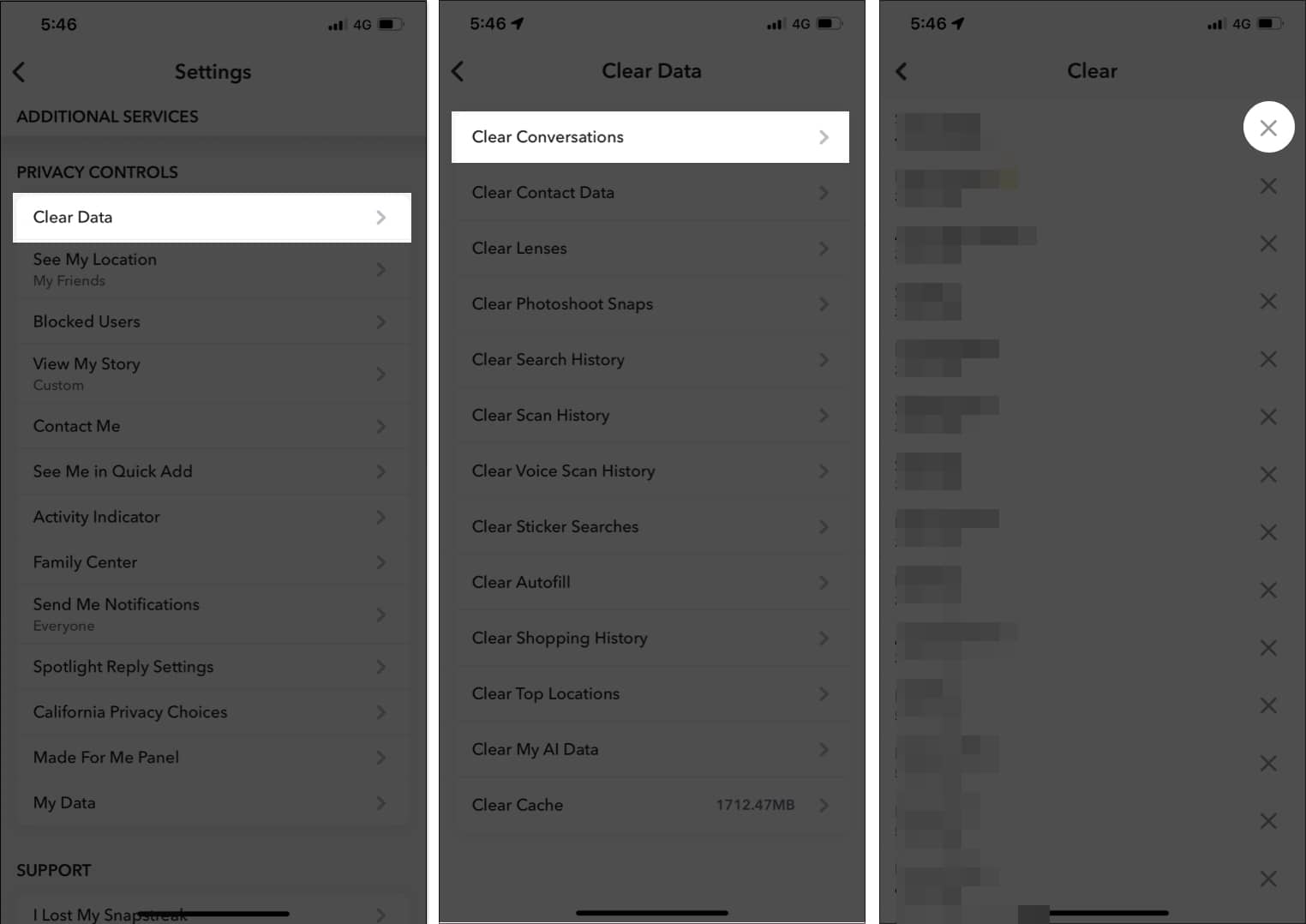 Select Clear Data option pick Clear Conversations and tap the X icon next to My AI