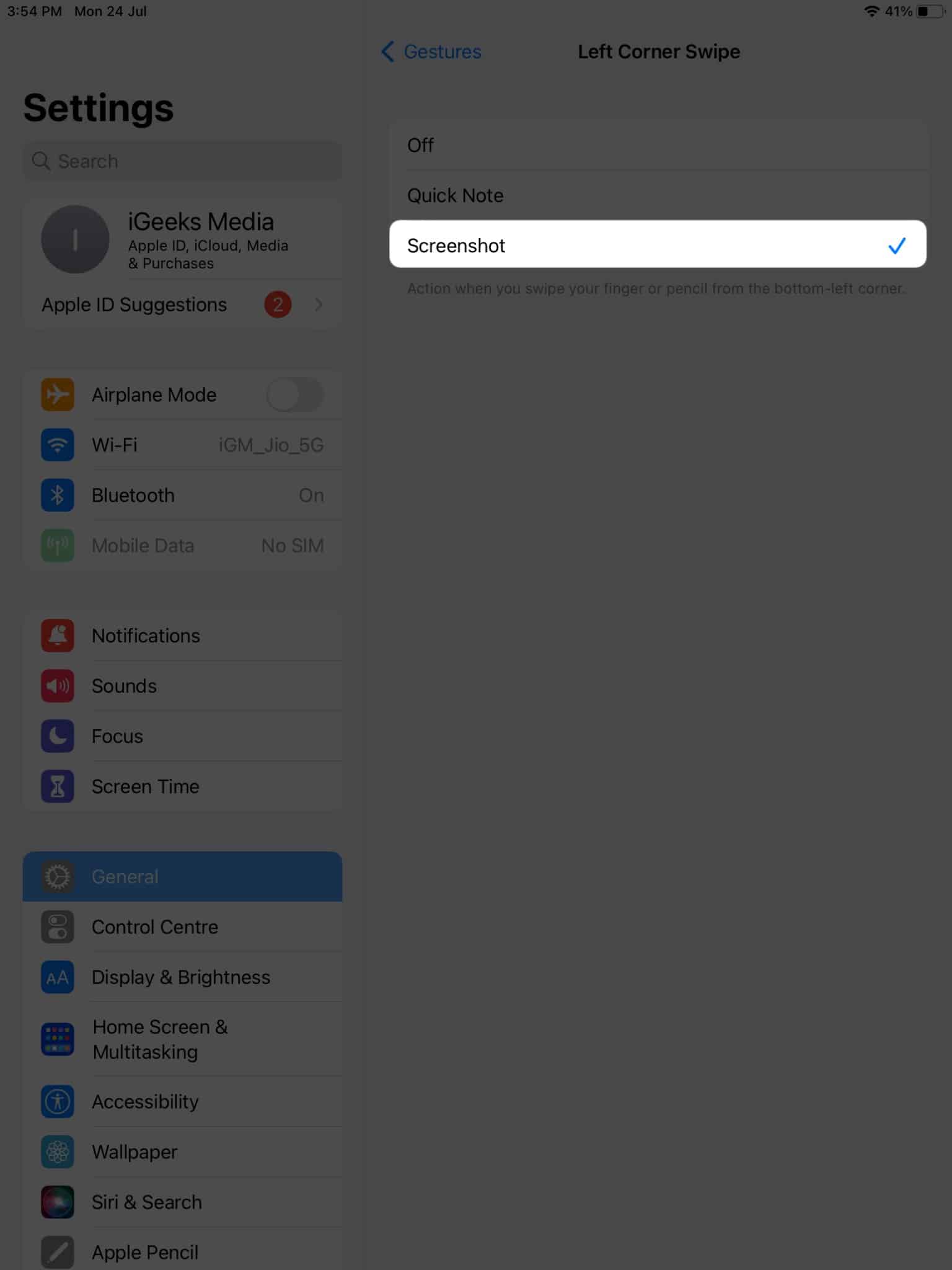 Select Screenshot in gestures in iPad