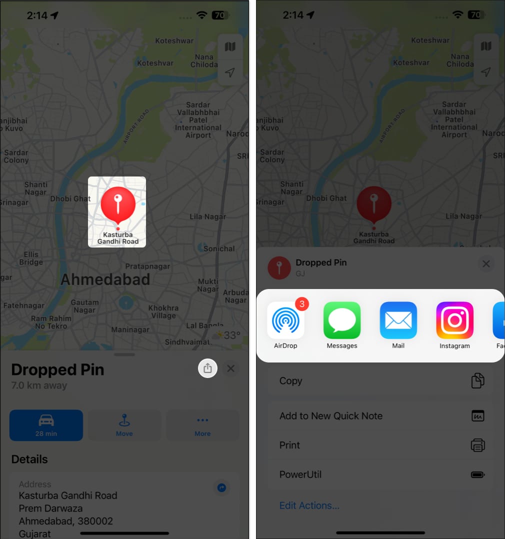Vyberte umístění a klepněte na ikonu sdílení v Apple Maps