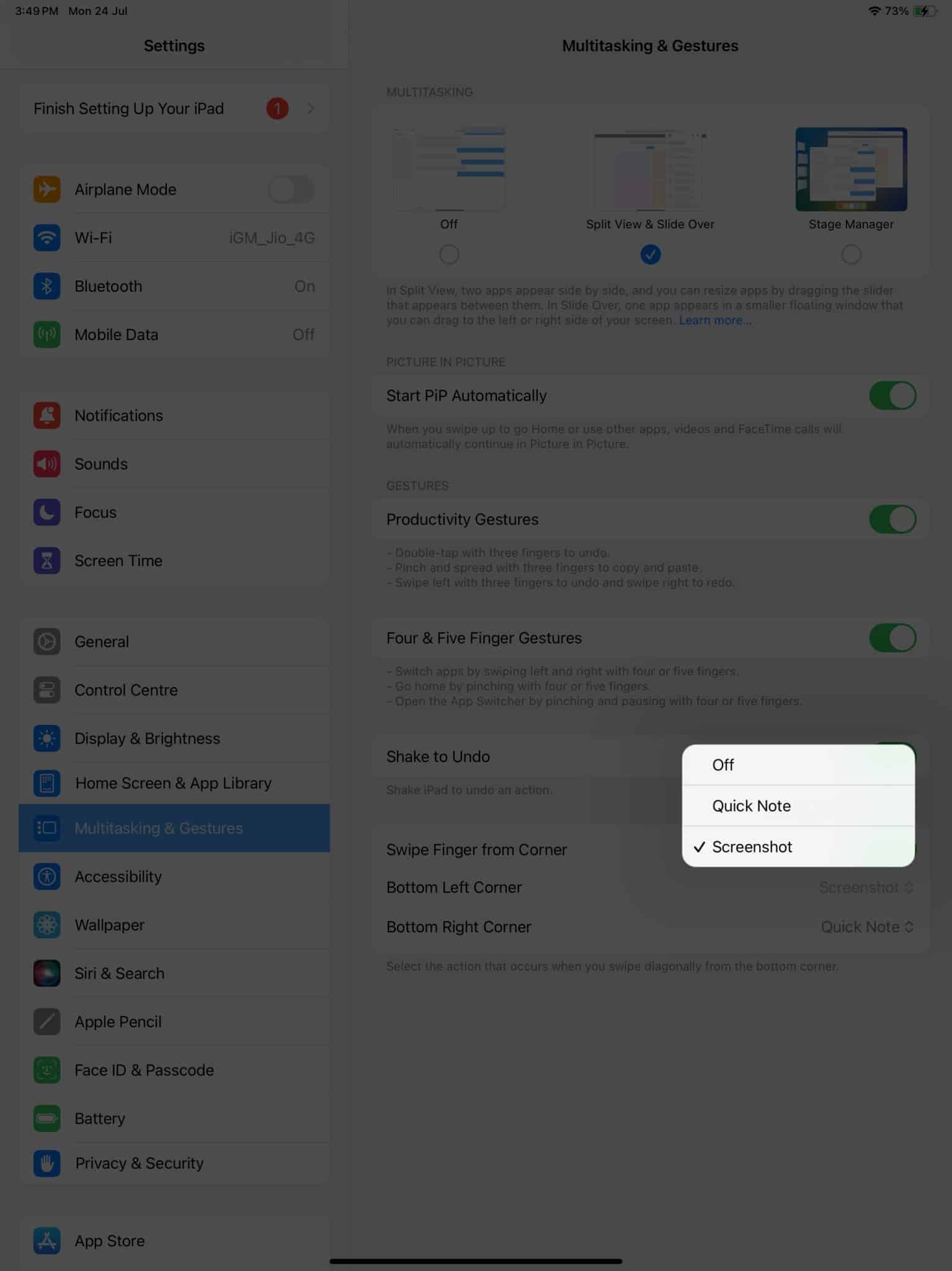 Select among, Off, Screenshots, Quick Note in settings