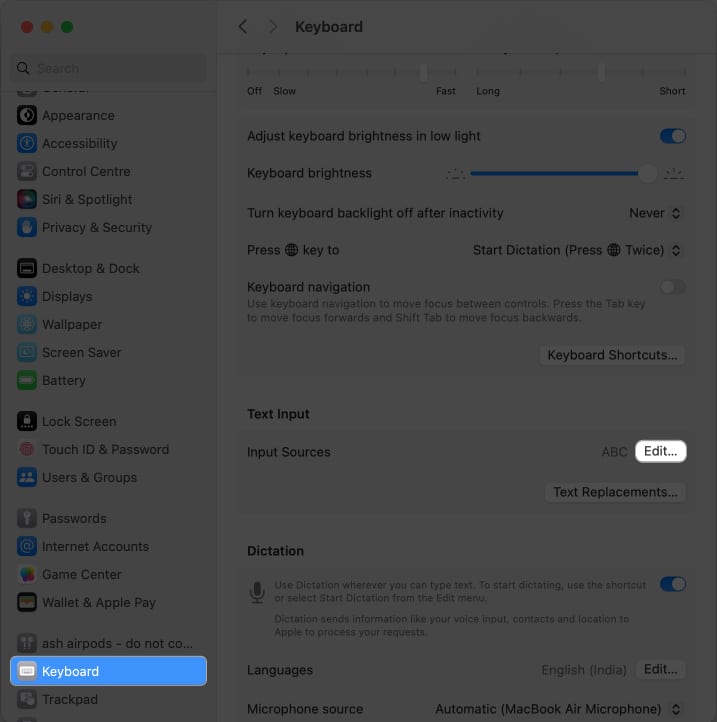 Select keyboard, Edit in system settings