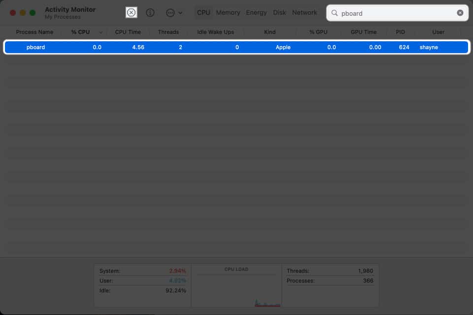 Select pboard in activity monitor