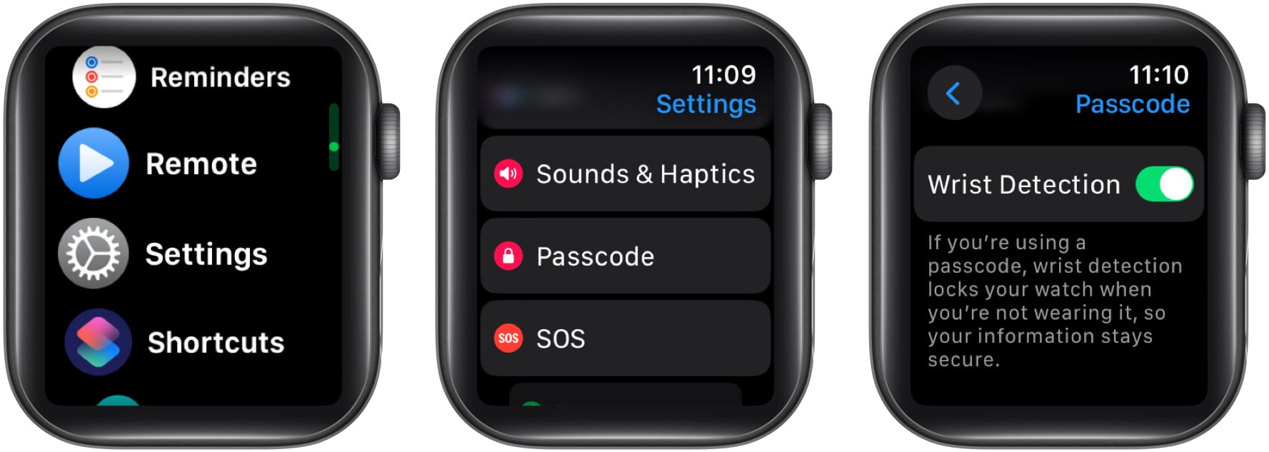 Select settings, passcode, wrist detection in apple watch