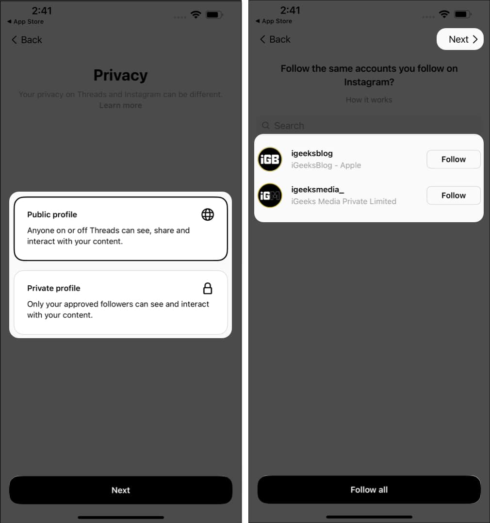 Select the profile type, Next, follow the users in Threads