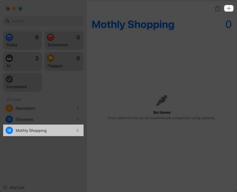 Select the shopping list, tap + icon in Reminders
