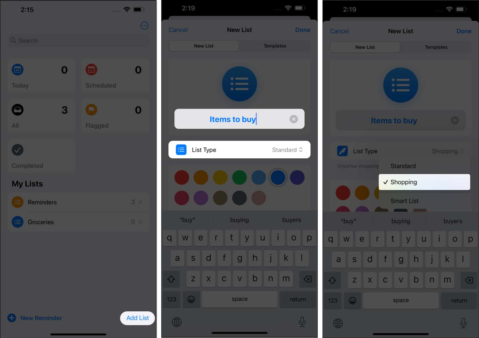 Tap Add List, add a name, select shopping in Reminders