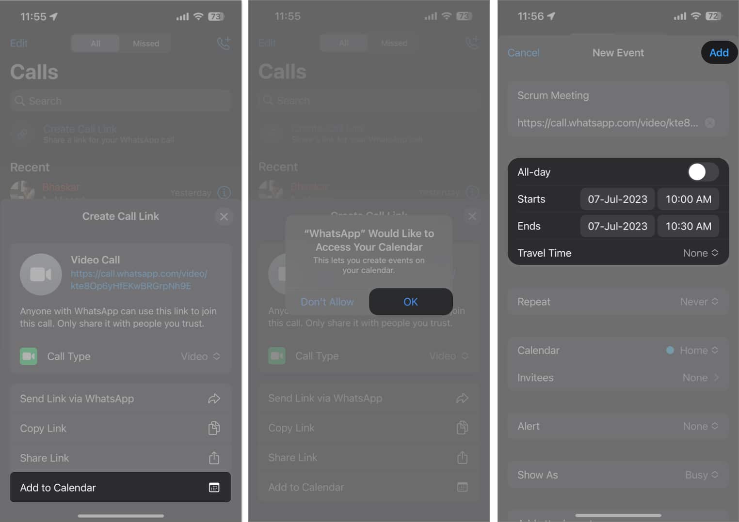 Tap Add to Calendar OK Add in WhatsApp