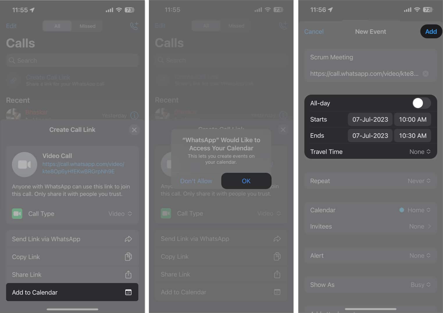 Tap Add to Calendar, OK, Add in WhatsApp