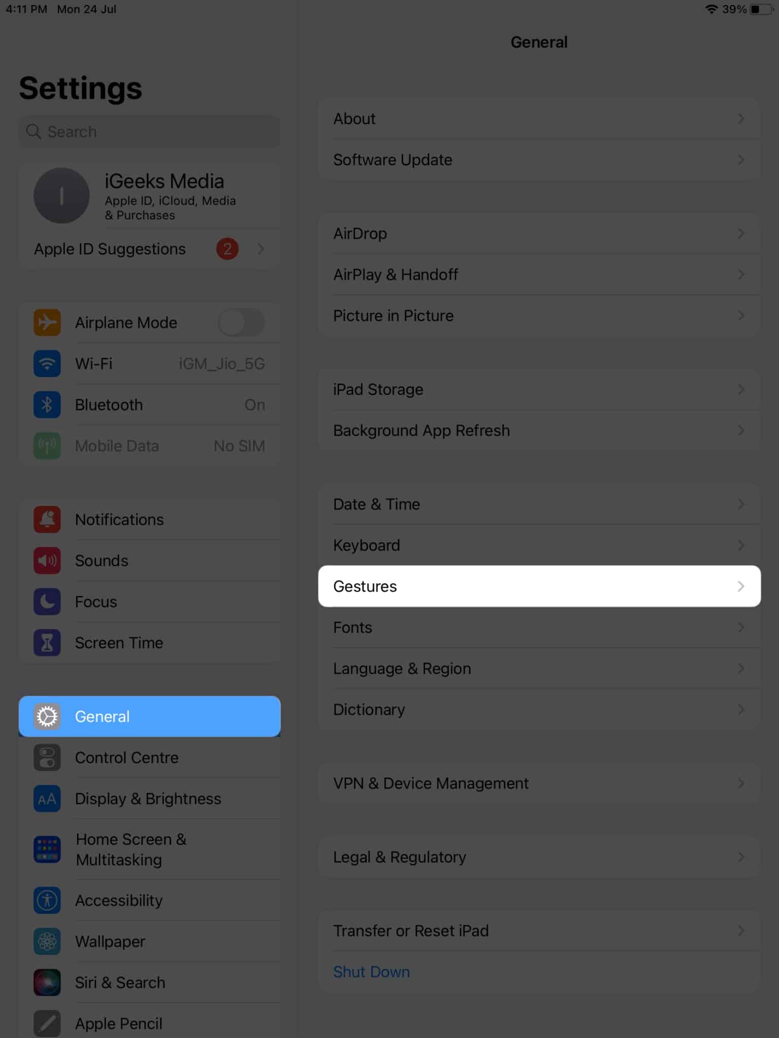 Tap General, Gestures in settings