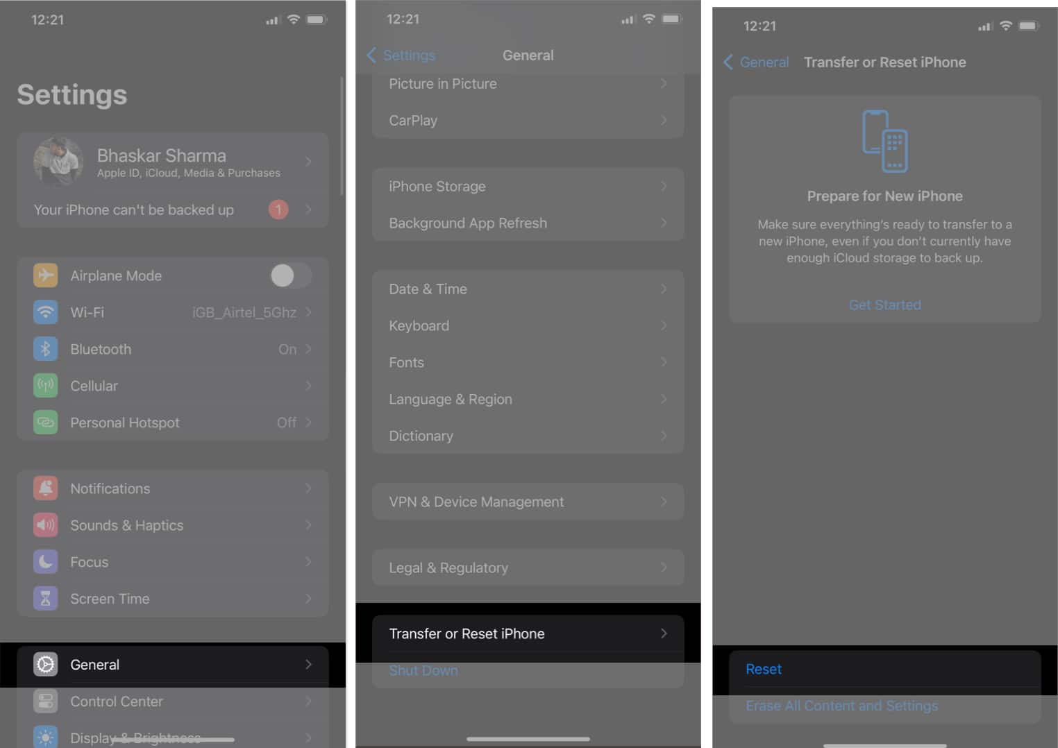 Tap General head to Transfer or Reset iPhone and choose Reset