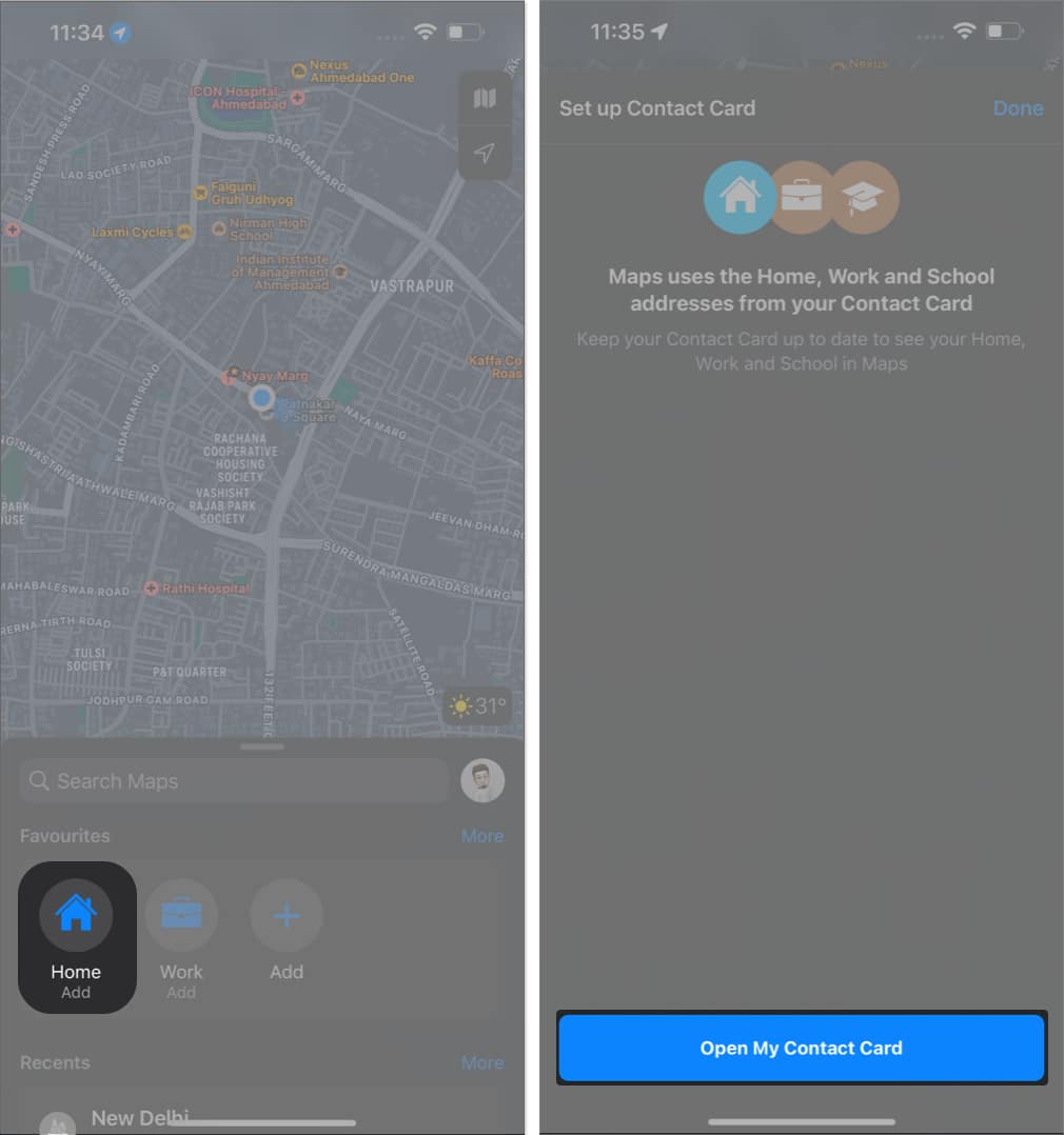 Tap Home Open My Contact Card in Apple Maps