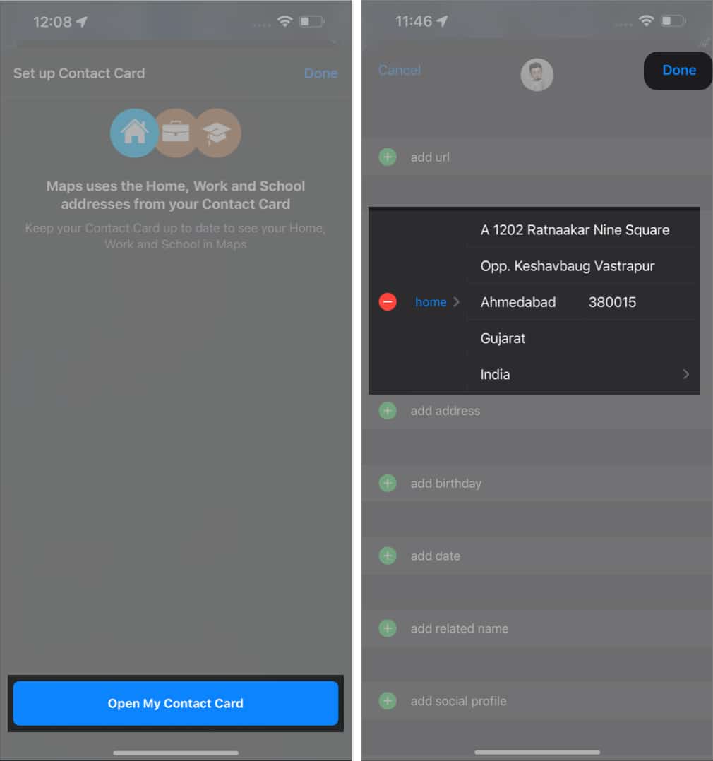 Tap Open My Contact Card select add address fill details done