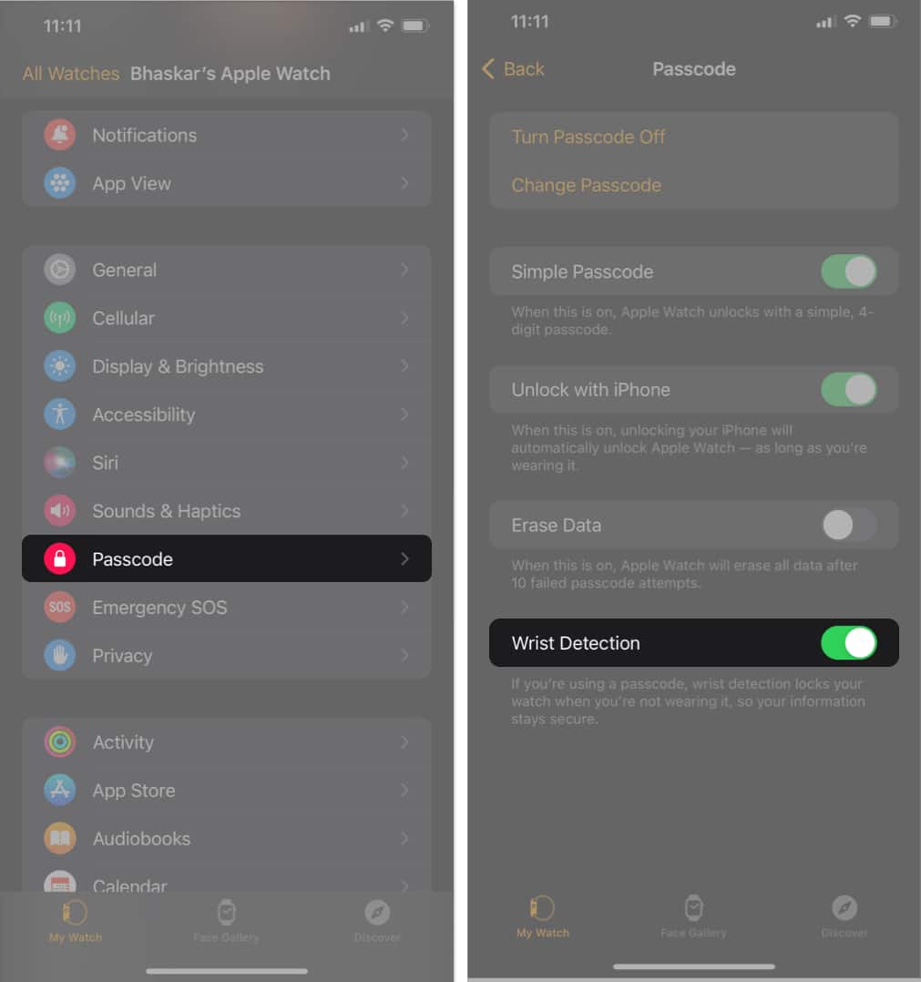 روی Passcode ضربه بزنید، Wrist Detection را در برنامه Watch تغییر دهید