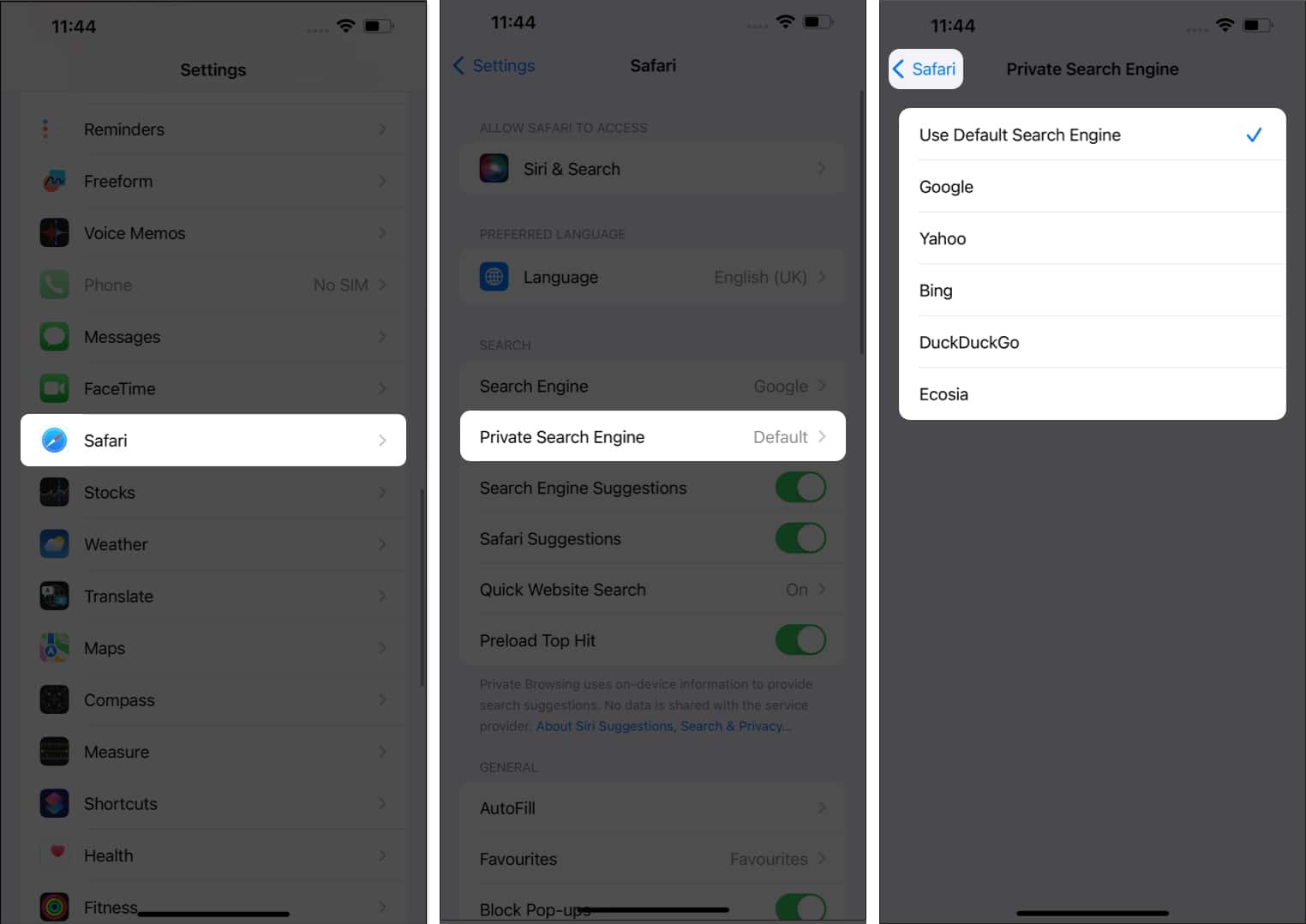 Tap Safari, Private Search Engine in Settings