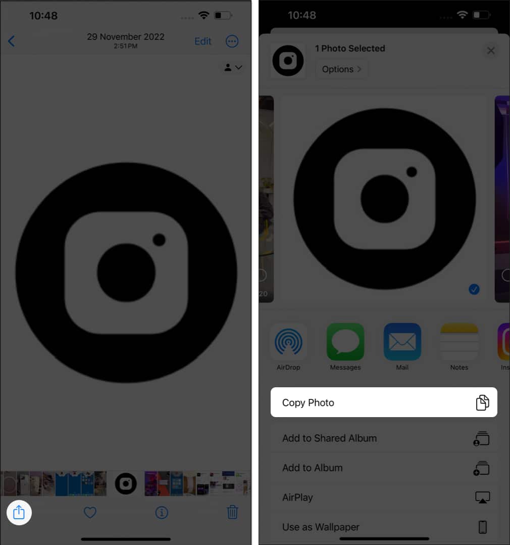Tap Share Copy Photo in Photos app