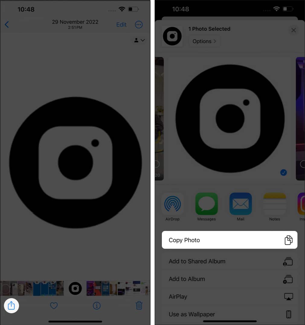 Tap Share, Copy Photo in Photos app