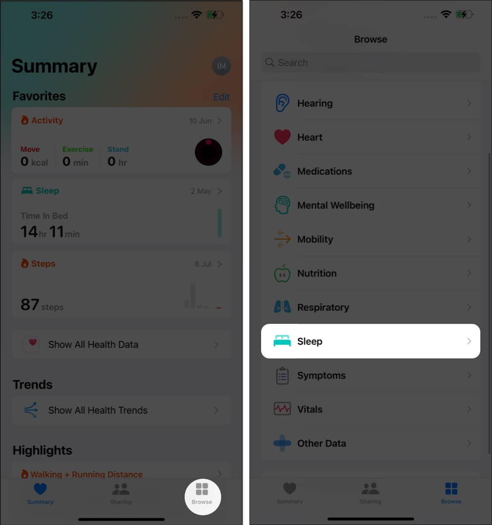 Tap browse, select sleep option in health app