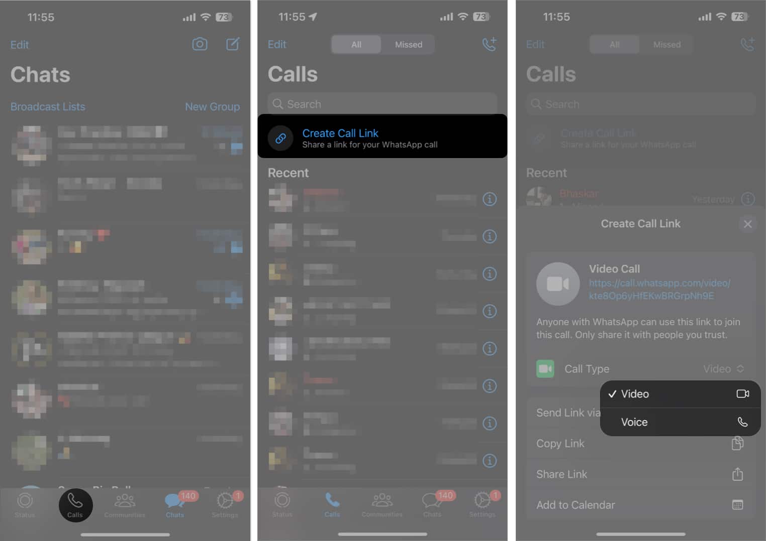 Tap calls create call link choose call type in WhatsApp