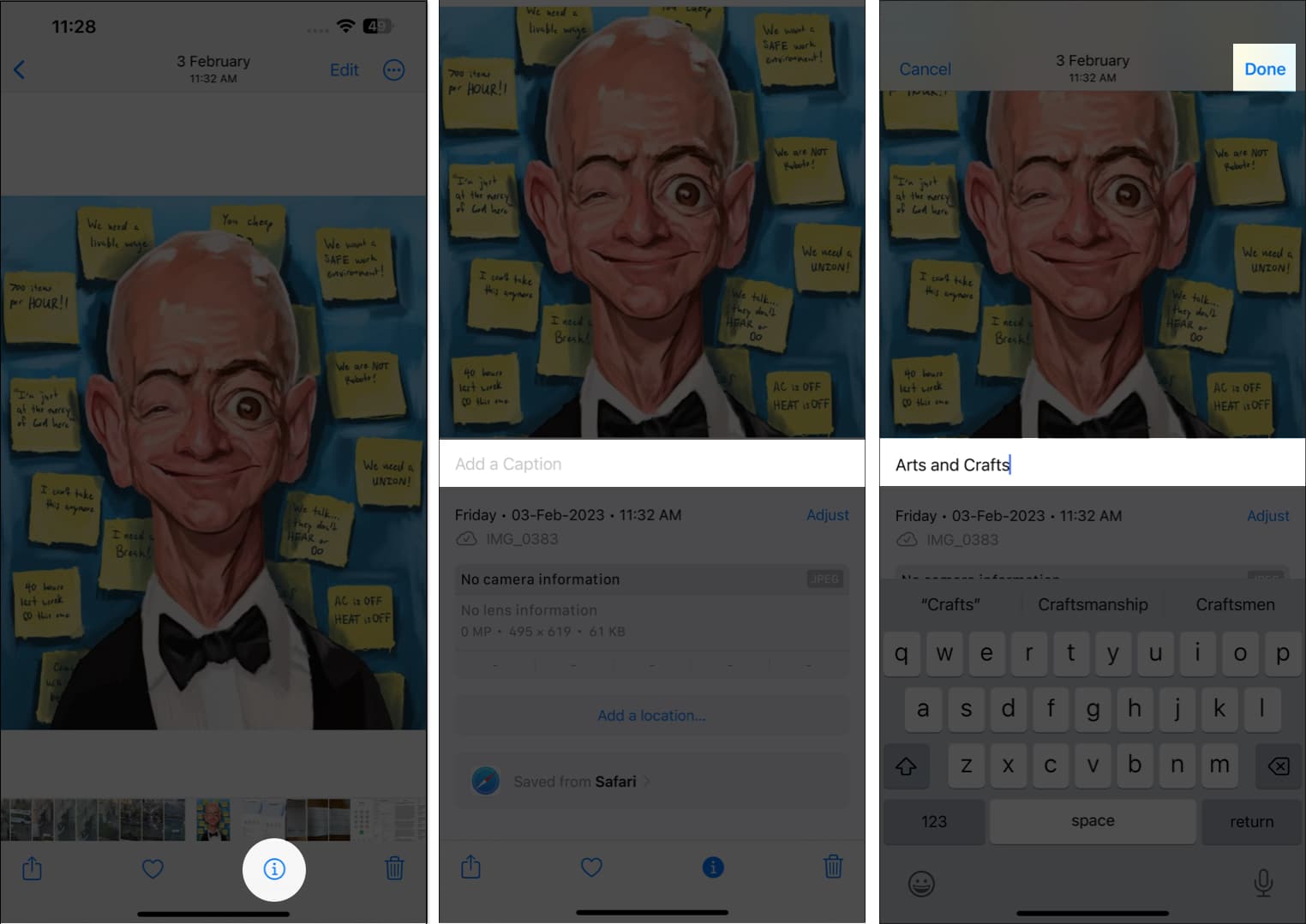 Tap info icon, add caption tap done in the photos app