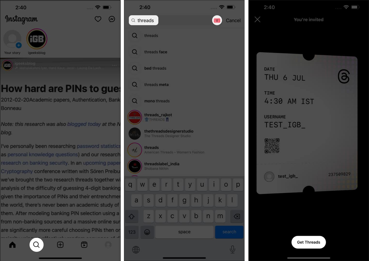 Klepněte na ikonu hledání, vyhledejte vlákna, klepněte na Získat vlákna v Instagramu