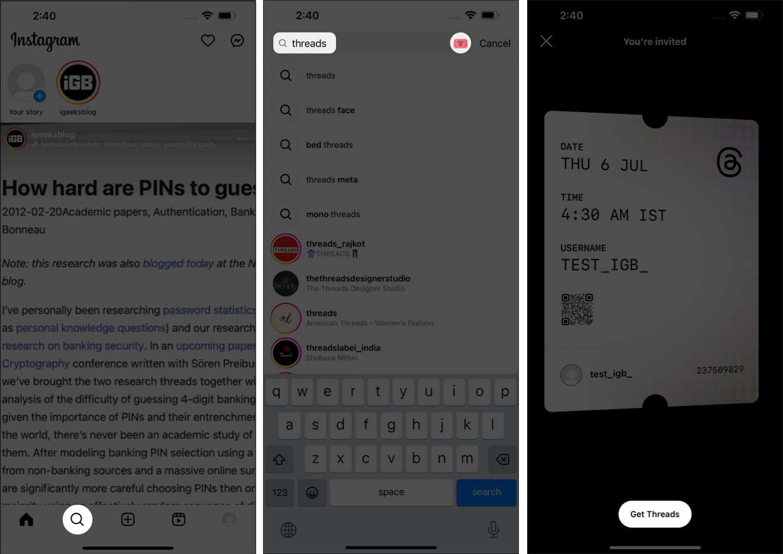 Tap search icon, search Threads, tap Get Threads in Instagram