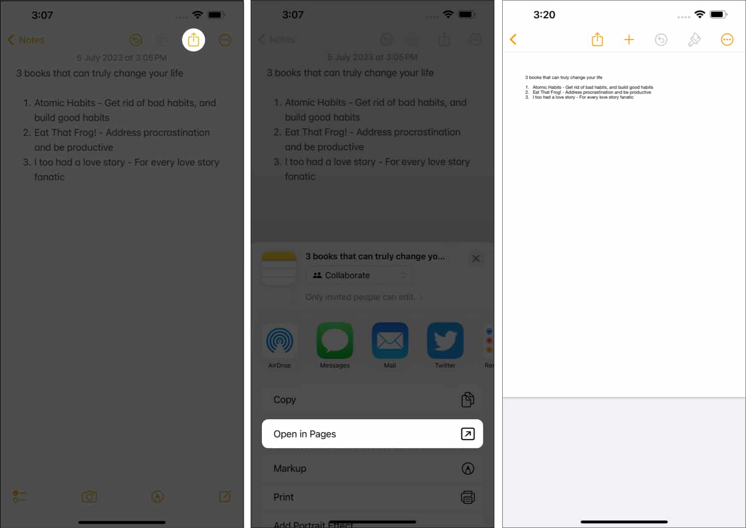 Tap the share icon, select open in pages option in Notes