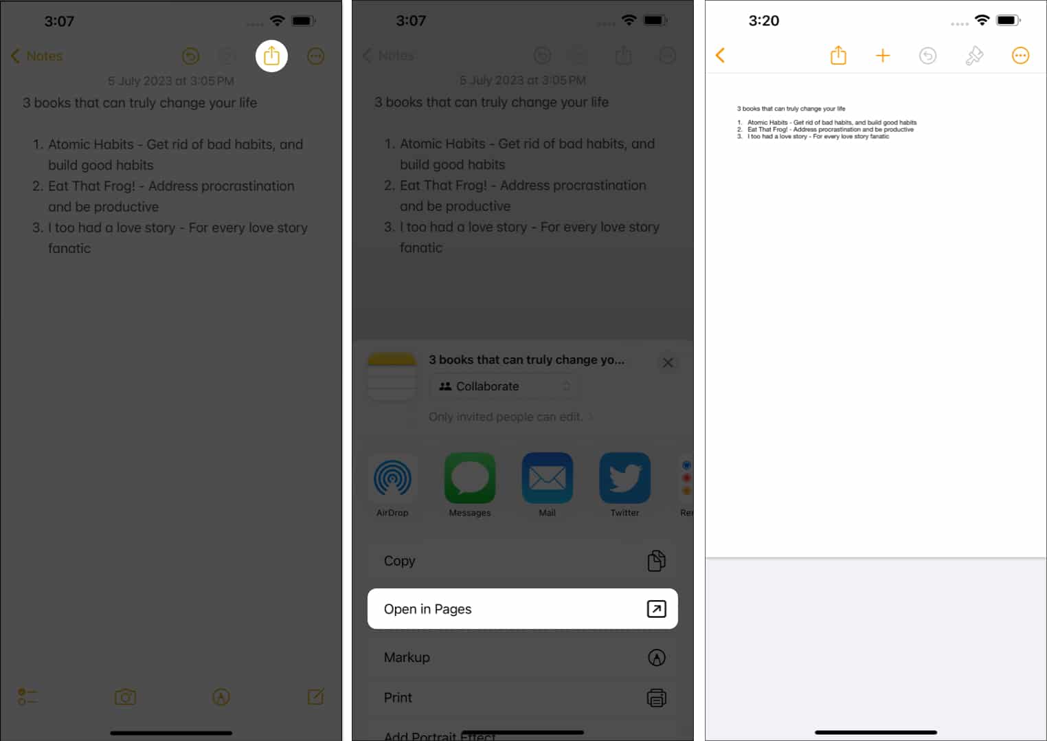 Tap the share icon select open in pages option in Notes