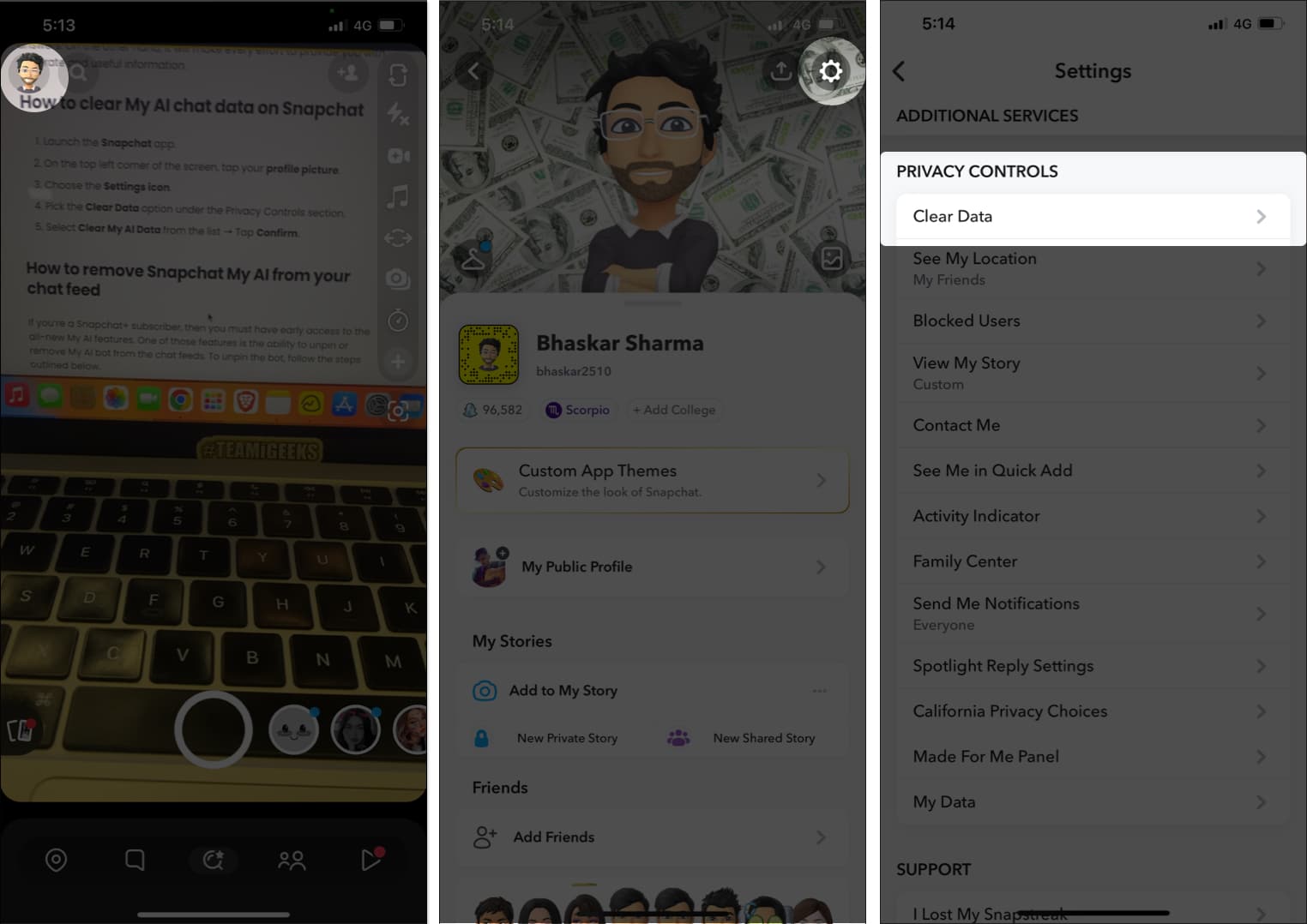 Tap your profile picture choose the Settings icon and pick the Clear Data option